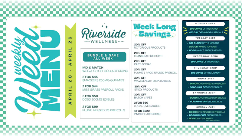 Riverside Wellness Weekly Weed Menu 4/20-4/26