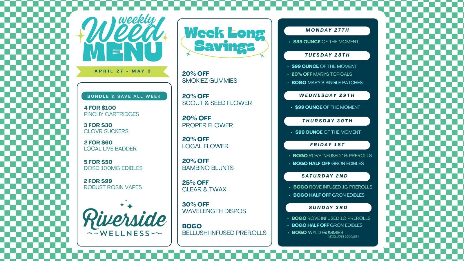 Riverside Wellness Weekly Weed Menu | April 27 - May 3