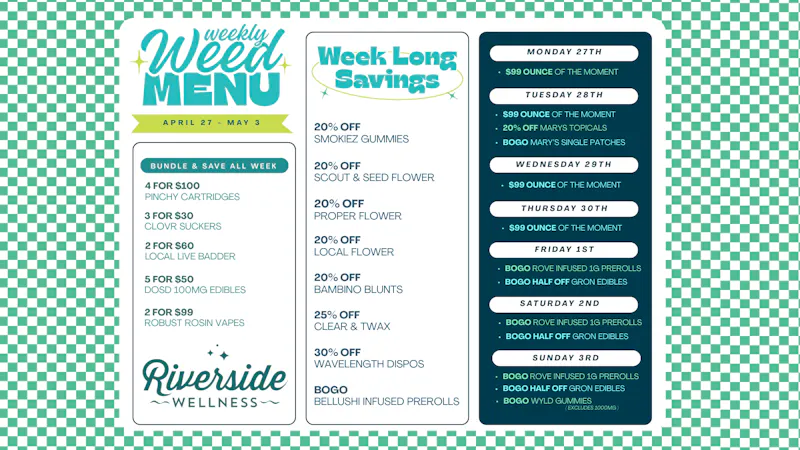 Riverside Wellness Weekly Weed Menu | April 27 - May 3
