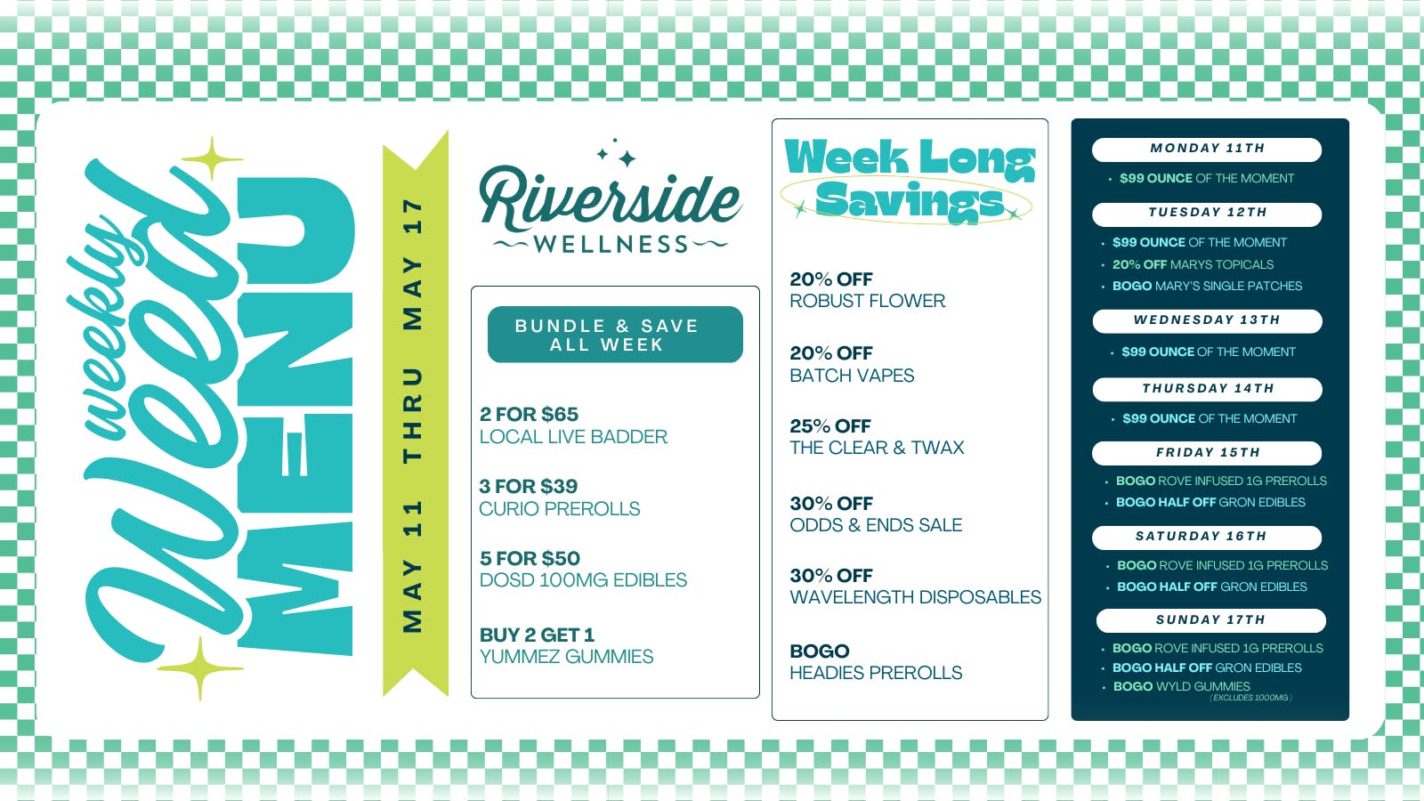 Riverside Wellness May 11-17 Weekly Weed Menu