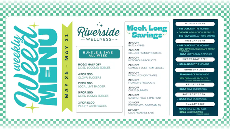 Riverside Wellness Weekly Weed Menu 5/25 - 5/31
