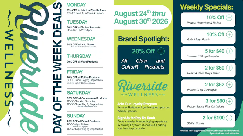 Riverside Wellness Weekly Weed Menu 8/24-8/30