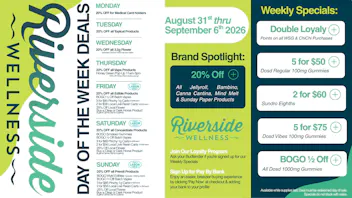 Riverside Wellness Weekly Weed Menu + Labor Day Deals 8/31-9/6