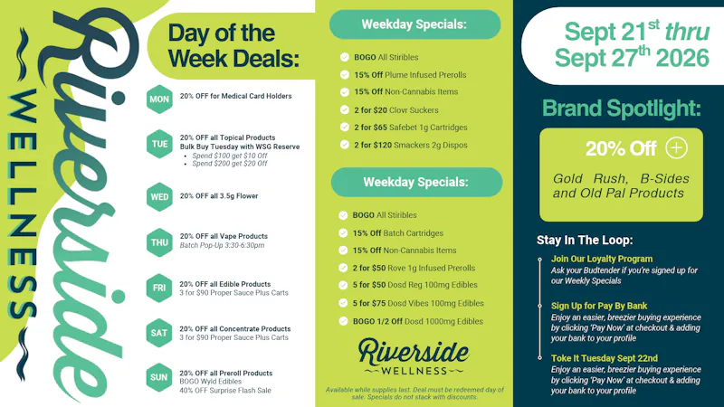 Riverside Wellness Weekly Weed Specials 9/21-9/27