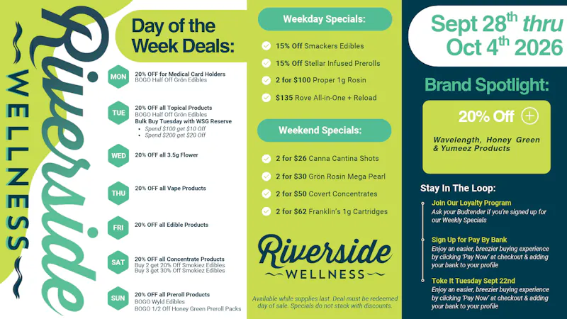 Riverside Wellness Weekly Weed Menu 9/28-10/4