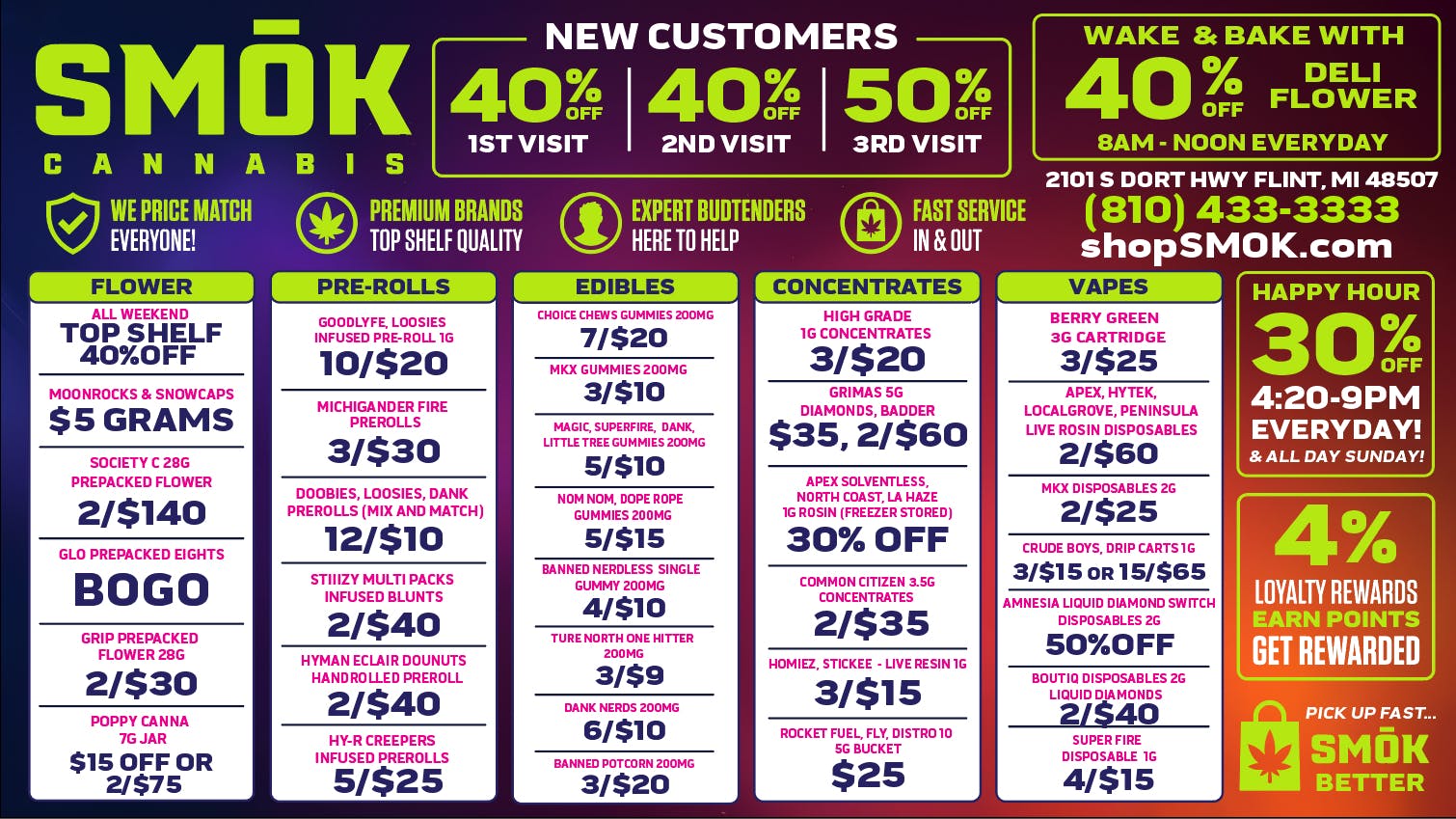 Smók Cannabis EARLY BIRD 40% DELI FLOWER 8AM-NOON EVERYDAY