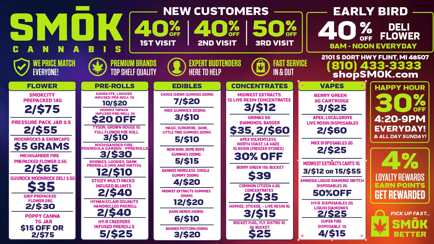 Smók Cannabis 40 % OFF Deli Flower 4:20-NOON EVERYDAY