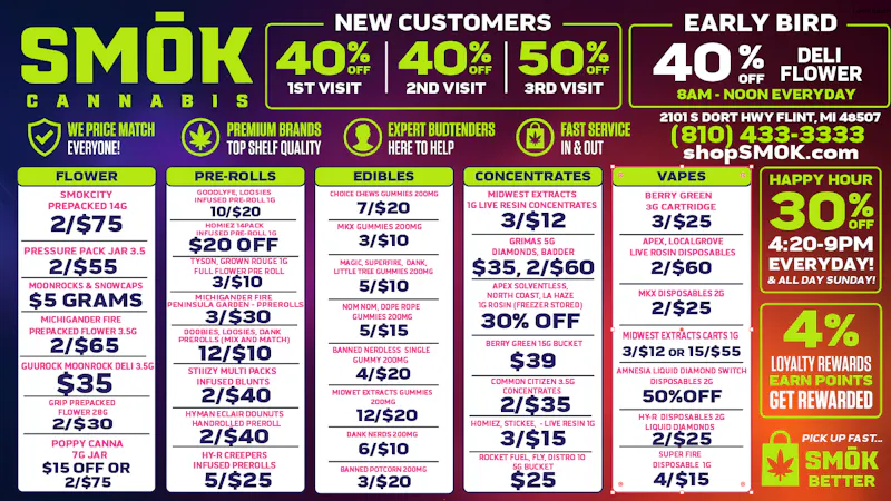 Smók Cannabis Delivery 40 % OFF Deli Flower 4:20-NOON EVERYDAY