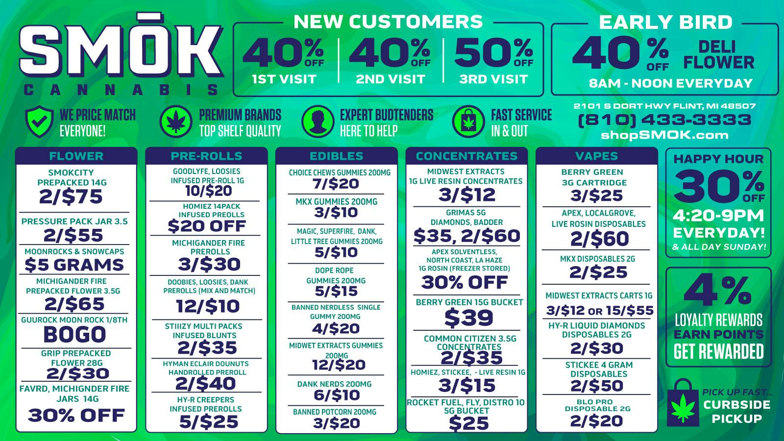 Smók Cannabis 40 % OFF Deli Flower 4:20-NOON EVERYDAY