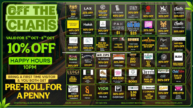 Off the Charts - Sylmar SMOKIN HOT WEEK DAYS DEALS!!!!!