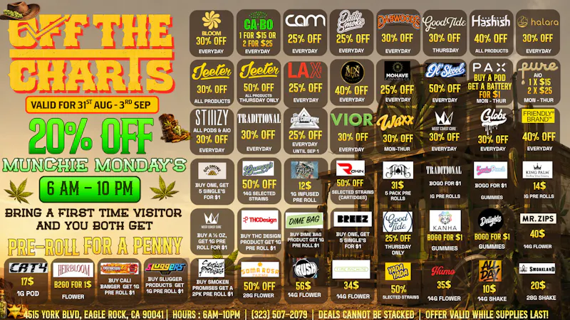 Off The Charts - Eagle Rock SMOKIn DEALS | 20% OFF RETURNING PATIENTS!!