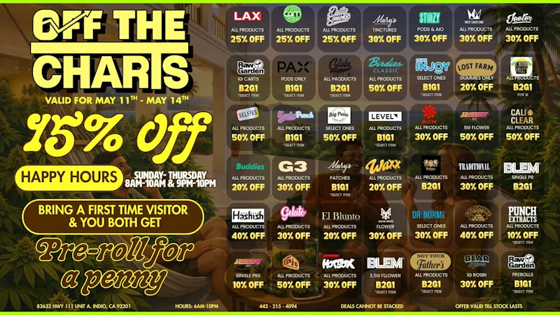 Off the Charts - Indio FINISH OFF SPRING WITH COOL DEALS