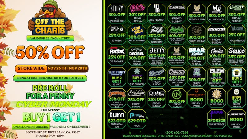 Off The Charts - Riverbank THANKSGIVING WEEKEND DEALS