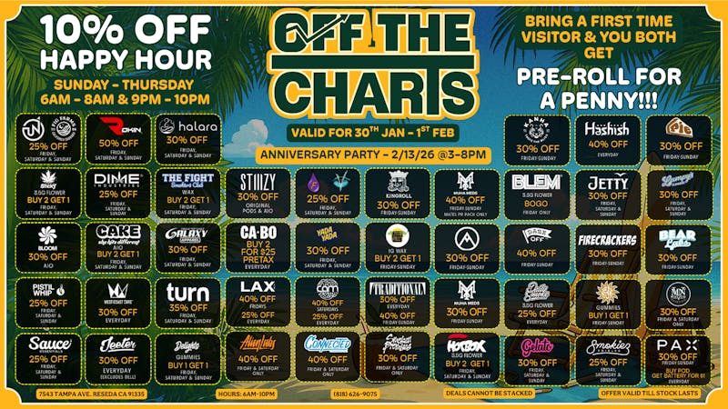 Off the Charts - Reseda BEST WEEKENDS DEALS EVER💨💨💨