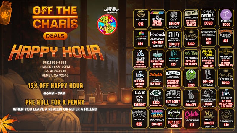 Off the Charts - Hemet WEEKDAY DEALS HERE!! FTP?!! 25% Off!!