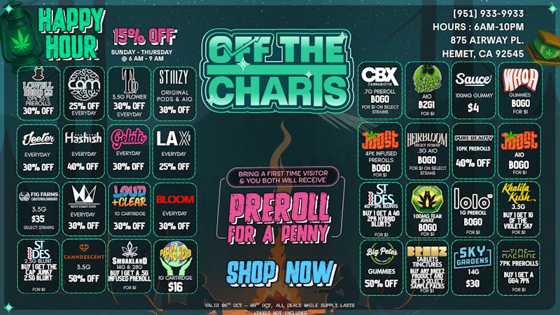 Off the Charts - Hemet WEEKDAY DEALS HERE!!