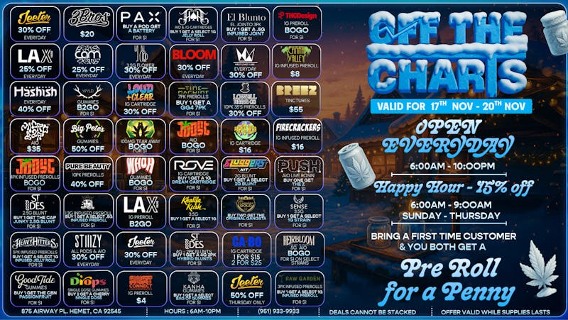 Off the Charts - Hemet WEEKDAY DEALS HERE!!