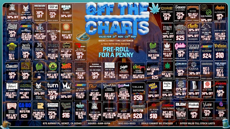 Off the Charts - Hemet WEEKEND DEALS HERE!! FTP?!! GET A PENNY PREROLL!!!