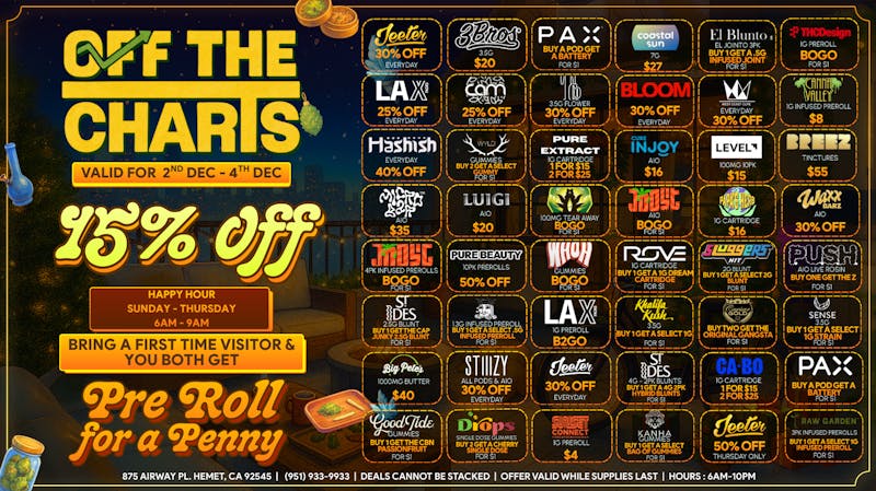 Off the Charts - Hemet WEEKDAY DEALS HERE!!