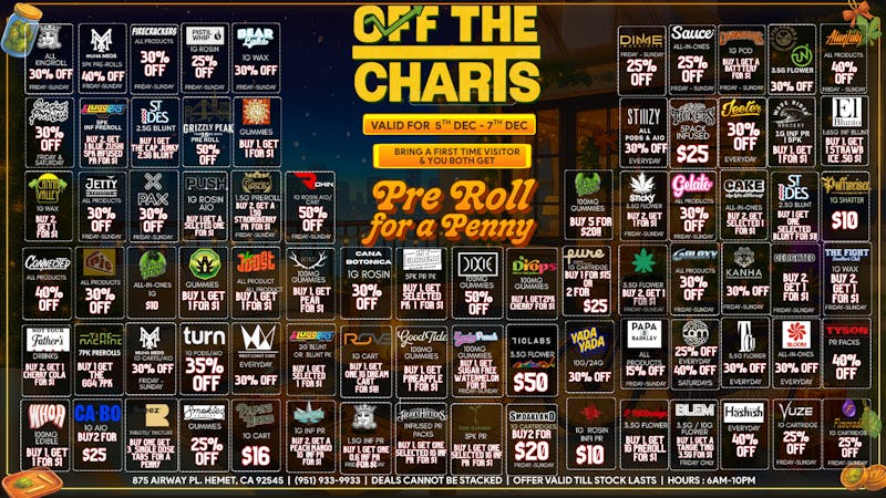 Off the Charts - Hemet Weekend Deals!! FTP Get a Special gift!!
