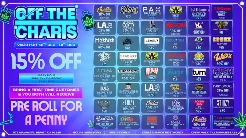 Off the Charts - Hemet WEEKDAY DEALS HERE!!