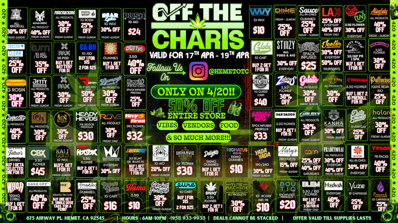 Off the Charts - Hemet on Airway Pl WEEKEND DEALS HERE!! FTP?!! GET A PENNY GIFT!!