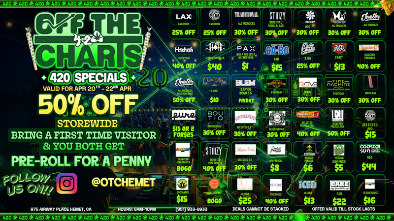 Off the Charts - Hemet on Airway Pl WEEKDAY DEALS HERE!!