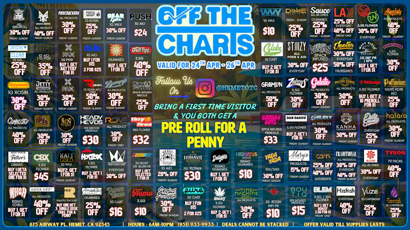 Off the Charts - Hemet on Airway Pl WEEKEND DEALS HERE!! FTP?!! GET A PENNY GIFT!!