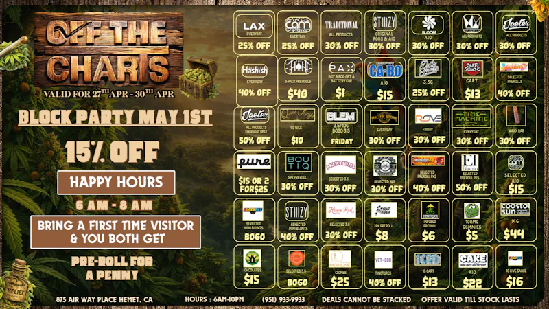 Off the Charts - Hemet on Airway Pl WEEKDAY DEALS HERE!!