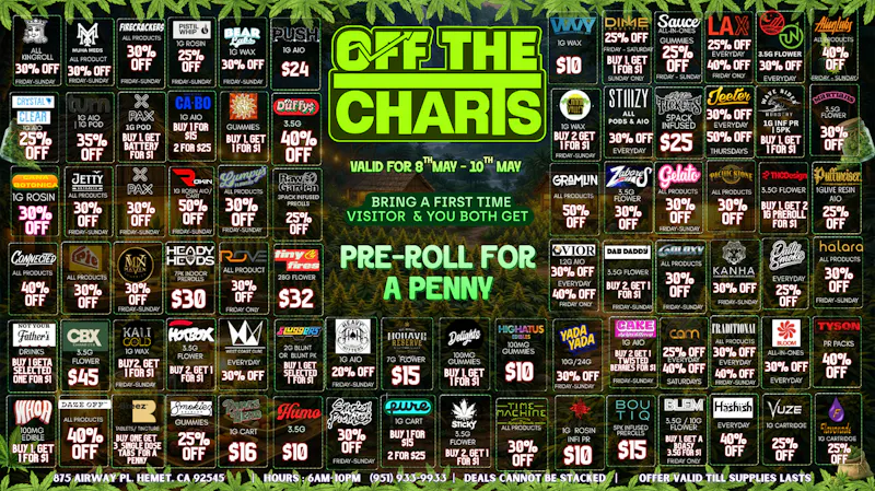 Off the Charts - Hemet on Airway Pl WEEKEND DEALS HERE!! FTP?!! GET A PENNY GIFT!!