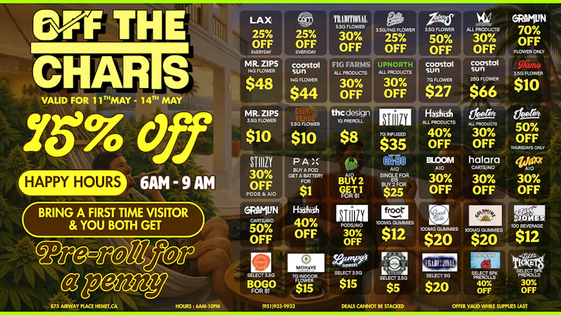 Off the Charts - Hemet on Airway Pl WEEKDAY DEALS HERE!!