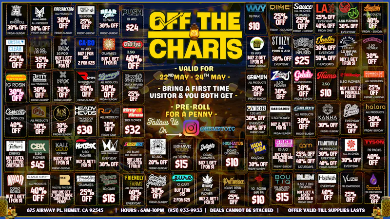 Off the Charts - Hemet on Airway Pl WEEKEND DEALS HERE!! FTP?!! GET A PENNY GIFT!!