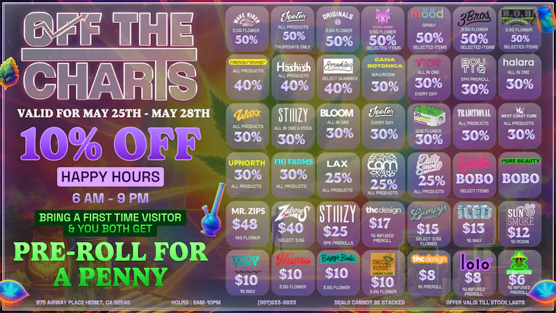 Off the Charts - Hemet on Airway Pl WEEKDAY DEALS HERE!!