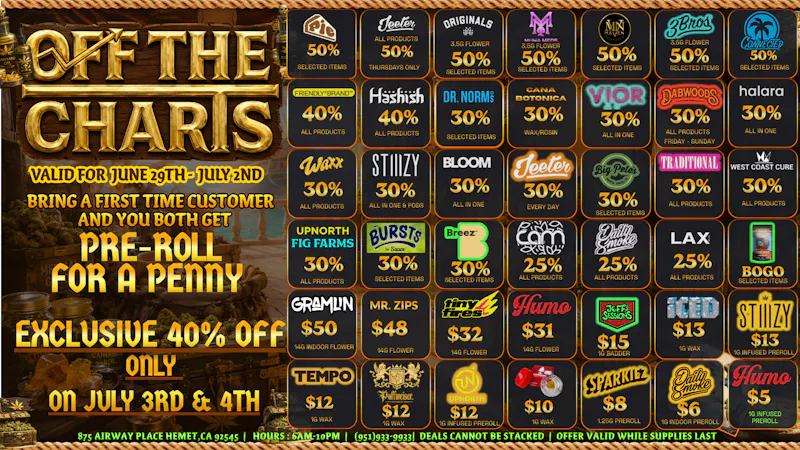 Off the Charts - Hemet on Airway Pl WEEKDAY DEALS HERE!!