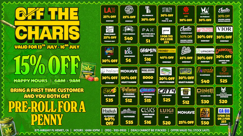 Off the Charts - Hemet on Airway Pl WEEKDAY DEALS HERE!!