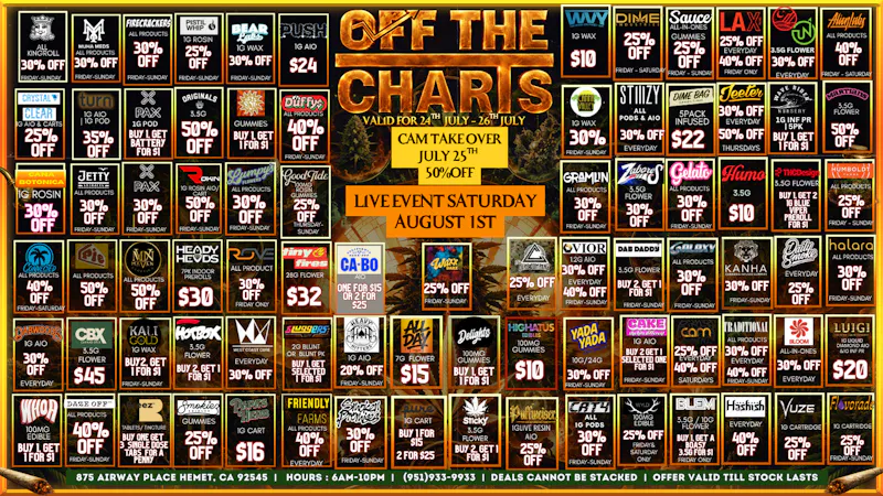 Off the Charts - Hemet on Airway Pl WEEKEND DEALS HERE!! FTP?!! GET A PENNY PREROLL!!!