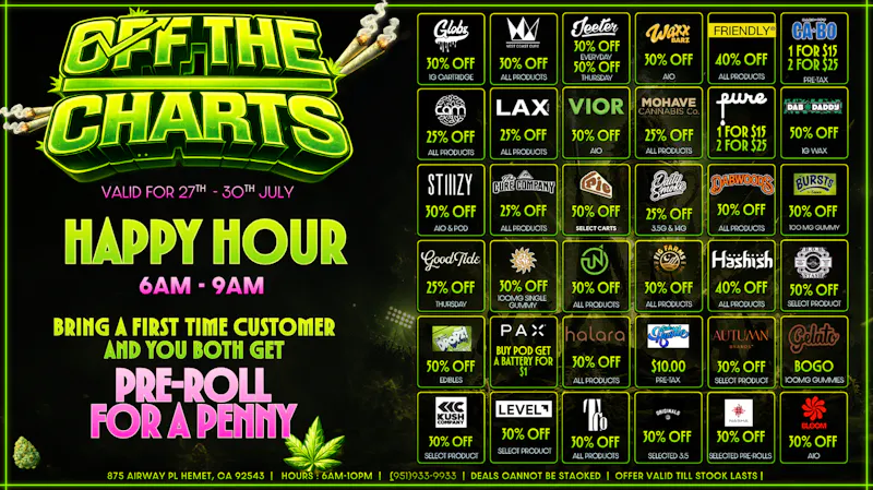 Off the Charts - Hemet on Airway Pl WEEKDAY DEALS HERE!!