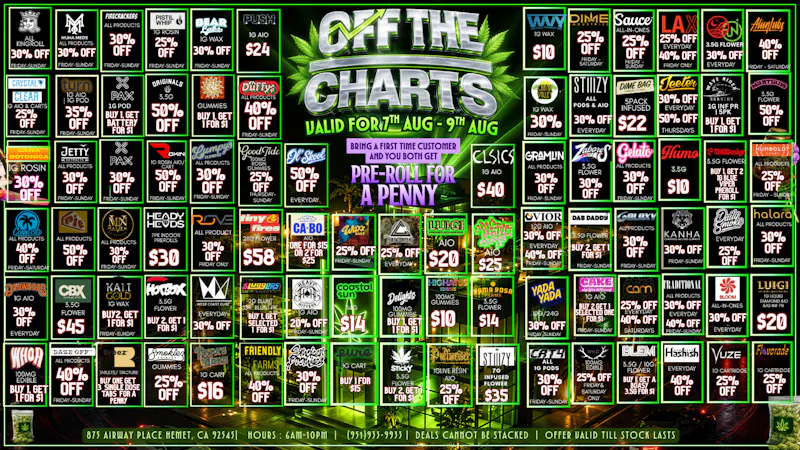 Off the Charts - Hemet on Airway Pl WEEKEND DEALS HERE!! FTP?!! GET A PENNY PREROLL!!!