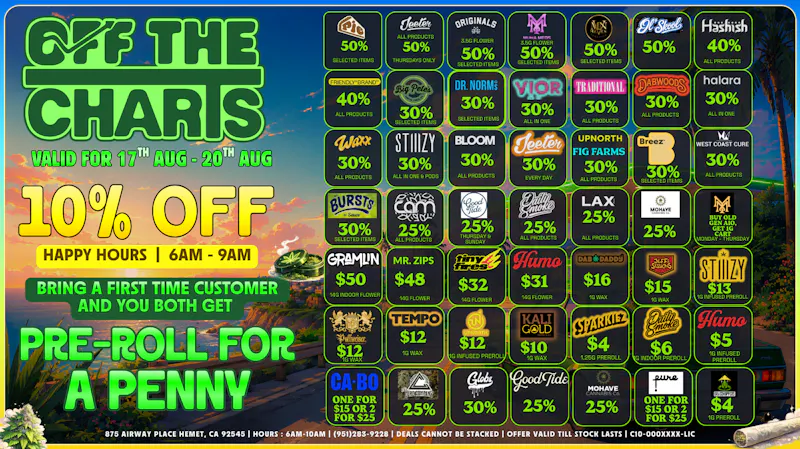 Off the Charts - Hemet on Airway Pl WEEKDAY DEALS HERE!!