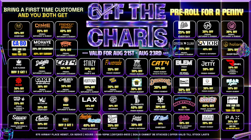 Off the Charts - Hemet on Airway Pl WEEKENDDAY DEALS HERE!!