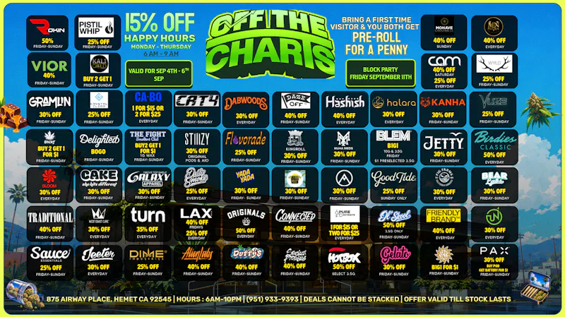 Off the Charts - Hemet on Airway Pl WEEKEND DEALS HERE!! FTP?!! GET A PENNY GIFT!!