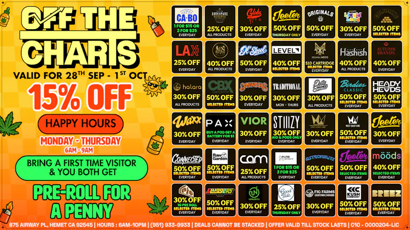 Off the Charts - Hemet on Airway Pl WEEKDAY DEALS HERE!! FTP?!! GET A PENNY GIFT!!!