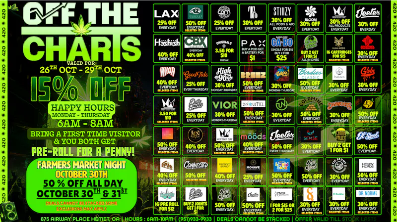 Off the Charts - Hemet on Airway Pl WEEKDAY DEALS HERE!! FTP?!! GET A PENNY PREROLL!!!