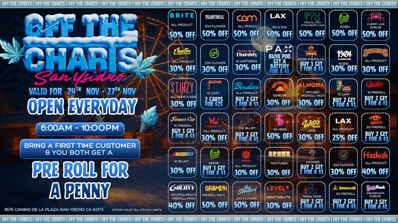 Off the Charts - San Ysidro HOLIDAY SAVINGS FOR YOU AND THE FAMILY