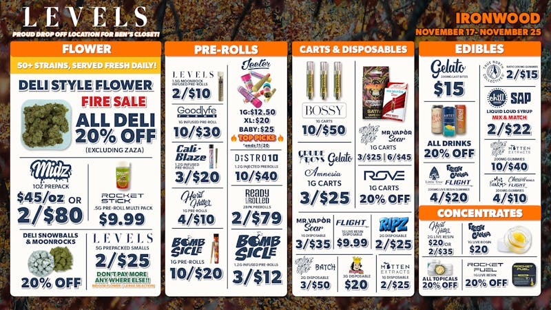 Levels Cannabis - Ironwood 20% OFF DELI - 50+ STRAINS - SERVED FRESH DAILY