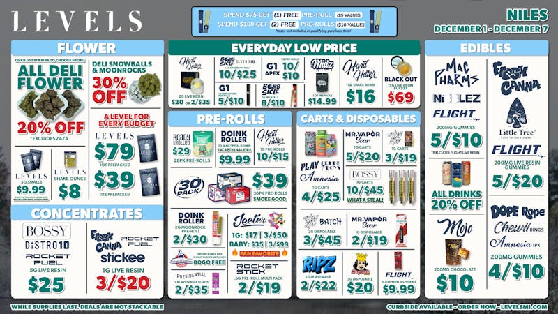 Levels Cannabis - Niles 20% OFF All Deli | 30% OFF Snowballs & Moonrocks