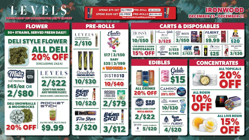 Levels Cannabis - Ironwood 20% OFF Deli - 50+ Strains - Served Fresh Daily!