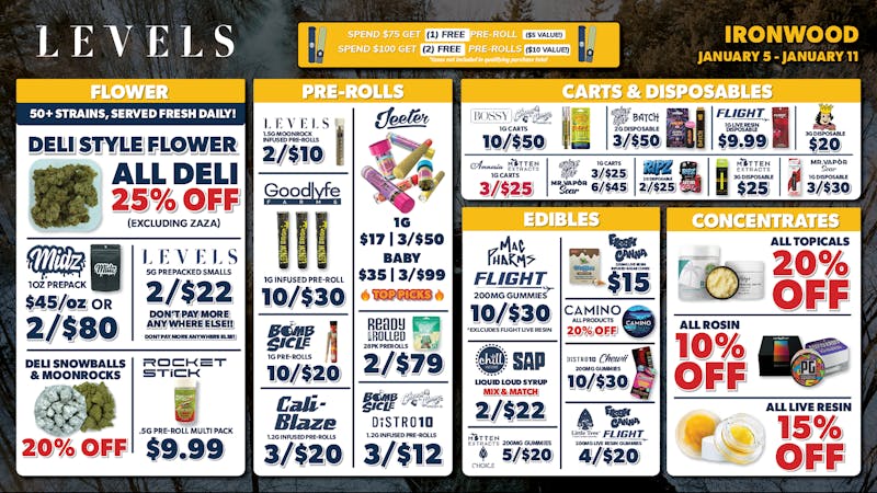 Levels Cannabis - Ironwood 25% OFF DELI - 50+ STRAINS - SERVED FRESH DAILY