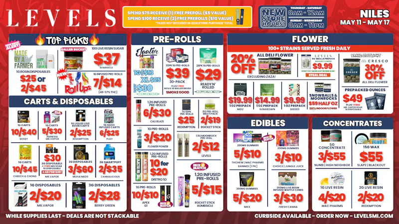 Levels Cannabis - Niles 25% OFF Deli - Over 100+ Strains - Always Fresh
