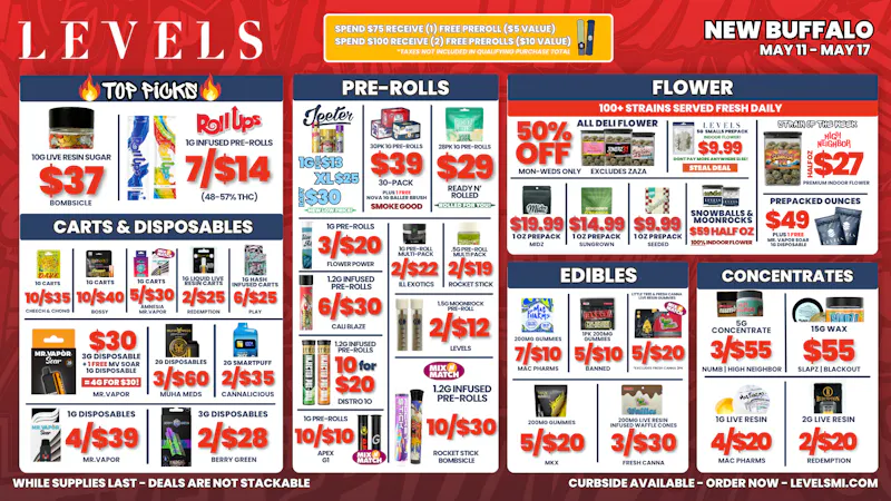 Levels - New Buffalo 50% OFF Deli - Over 100+ Strains - Always Fresh
